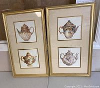 Both framed prints showing four teapots total, two prints side by side, showcasing their dimensions and condition.