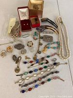 Photo showing the full assortment of vintage costume jewelry and accessories including bracelets, rings, necklaces, brooches, earrings, and hair combs.