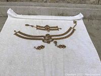 Full view of the three-piece rhodium necklace, bracelet, and earrings set with snake design, displayed on white cloth.