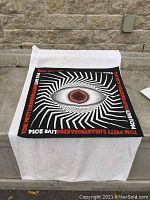 Photo showing black and white optical illusion handkerchief with central eye design and text from Tom Petty & The Heartbreakers 2014 concert.