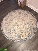 Full view of the round rug showing its pattern and colors