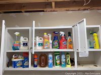 Full view of multiple cleaning supply bottles and tubs arranged inside white shelving in a basement storage area.