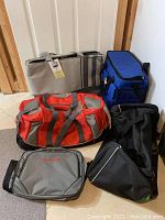 Variety of five insulated cooler bags and travel bags in different colors and sizes