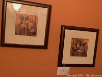 Two floral pictures with orange and brown tones in dark brown plastic frames hanging on a brown wall