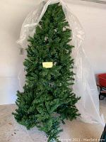 Full height view of green artificial Christmas tree wrapped partially in clear plastic, standing upright against wall.