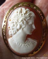 Close-up of the cameo showing the finely carved lady in profile on reddish-brown shell with gilded openwork frame.