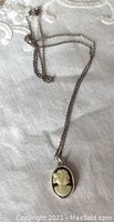 Photo of entire necklace with pendant laying on white fabric.