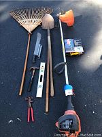 Full lot contents showing weed wacker, rakes, shovels, machete, hand tools