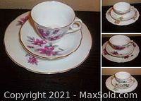 Four images showing a complete bone china tea trio with cup, saucer, plate, gold trim, and floral pattern, photographed from multiple angles.