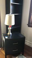 Nightstand and lamp together positioned by bookshelf and window.