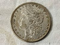 Obverse side of 1881 Morgan Dollar showing Liberty profile, date, and inscription E PLURIBUS UNUM; coin shows wear and tarnish.