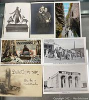 Six individual postcards laid out showing a bronze statue with deer, a mother and child portrait, a canyon walkway, Native American weavers, Duke University Durham NC cover and two Tombstone AZ scenes