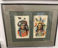 Photo of two framed 4x6 Native American Indian smoking item silks under glass with green matte background.
