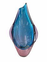 Front view of blue and pink-purple vintage art glass vase, showcasing smooth glass and teardrop shape.