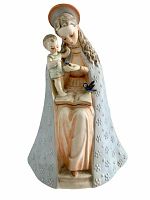 Front view of the vintage Hummel Madonna and Child porcelain statue showing detailed faces, floral embossed cloak, and birds.