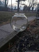 Side view of clear glass fishbowl showing round shape and wide top opening, placed outdoors on a wooden trim with grass and trees in background.