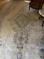 Full view of rug laid in living room showing central medallion and floral pattern
