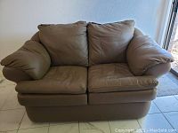 Front view of the brown leather love seat showing cushioned seats, backrests, and rounded armrests.