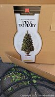 Box label showing product branding and description: Members Mark 5' Mixed Colorado Pine Topiary.