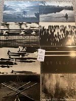 Photo showing a collage of nine black and white prints including landscape with cloudy sky, cyclists in motion blurred, people shadows, amusement rides, and abstract patterns