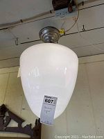 Overall view of ceiling light hanging showing frosted glass globe and aluminum mount
