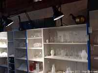 Front view of five connected white shelving units containing clear and frosted glass vases and containers, with four black mounted extension lamps on top.
