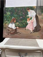 Full view of signed oil on canvas painting depicting mother and children in a garden scene with green foliage and flower details.