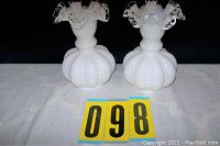Pair of white hobnail textured vases with ruffled tops and clear edge trim, labeled 098