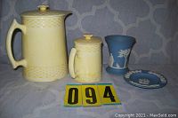 Photo showing full set: W.S. George yellow tea pot with lid, matching creamer with lid, blue Wedgewood jasperware cup and matching ashtray plate