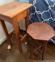 Two antique wooden side tables, one rectangular and one octagonal, showing overall condition and shapes.