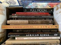 Top view of stacked books showing titles like 'Arr in Zambia', 'Full Moon', and 'Cultures of the World: Zambia'.