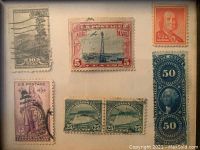 Six mounted US postage stamps including 10¢ Locomotive, 5¢ Airmail oil derrick, ½¢ Franklin, 50¢ Jefferson, and Niagara Falls 25¢ pair