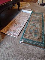 Two carpet runners side by side showing the floral pattern and the multicolored geometric pattern runner