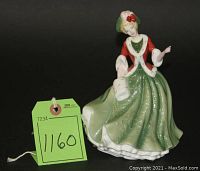Front angle showing full body of the Christmas Day figurine dressed in green and red Victorian-style attire with a bonnet and red bows.