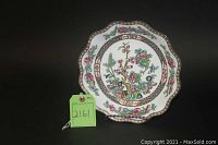 Front facing view of the Coalport Indian Tree serving bowl showing colorful floral tree design and scalloped edges.