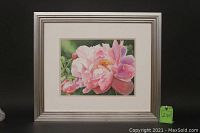 Framed watercolour painting showing pink flowers with green leaves, silver-coloured frame around it.