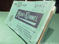 Front cover of antique book with title Mont-Kemmel Ruines, showing wear indicative of age.