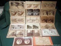Overview photo showing all 17 antique stereoscopic cards with various images including military, cultural, and scenic scenes.
