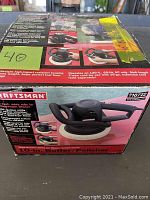 Box top and side view of Craftsman 10-inch buffer polisher showing product image, features, and branding details.