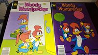 Two vintage Woody Woodpecker comic books laid side by side, showing front covers with colorful illustrations