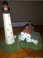 View of the hand-painted resin Sandy Hook lighthouse model with keeper's house, showing details of the textured green base and pathway.