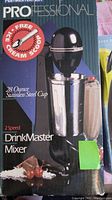 Box of Hamilton Beach Professional DrinkMaster Mixer showing 28 oz stainless steel cup and 2-speed mixer. Mentioned free ice cream scoop is missing.