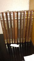 Full collection of 10 leather bound Old West books arranged standing upright, showing spines with gold embossed titles.