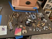 Full lot view showing necklaces, bracelets, earrings, pins, and rings arranged on table.