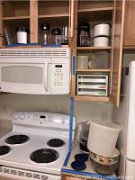Kitchen cabinet and counter with various plastic containers, spice rack, cheese grater visible along with blender containers on the top shelf.