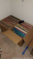 Two large cardboard boxes filled with vinyl albums on carpeted floor