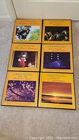 Photo showing six The World's Most Honored Music vinyl albums with yellow-orange borders including Beethoven, Ballet, Symphonies, Fairy Tales, Opera, and Musical Landscapes lying on carpeted floor.