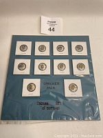 Full view of the 10-button set mounted on blue backing with label.