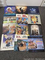 Top-down photo of 12 LaserDisc movie cases showing titles and cover art, organized in three rows of four items each on carpet.