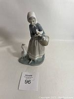 Front view of the Lladro porcelain figurine showing the shepherdess holding a basket with ducks and a duck by her feet.